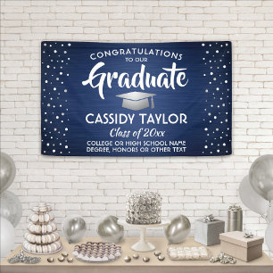 Abschluss Confetti Brushed Navy Blue White Silver Banner