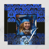 ABSCHLUSS DAMASK MONOGRAM, blau-weiß Einladung (Vorne/Hinten)