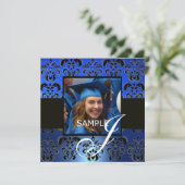 ABSCHLUSS DAMASK MONOGRAM, blau-weiß Einladung (Stehend Vorderseite)