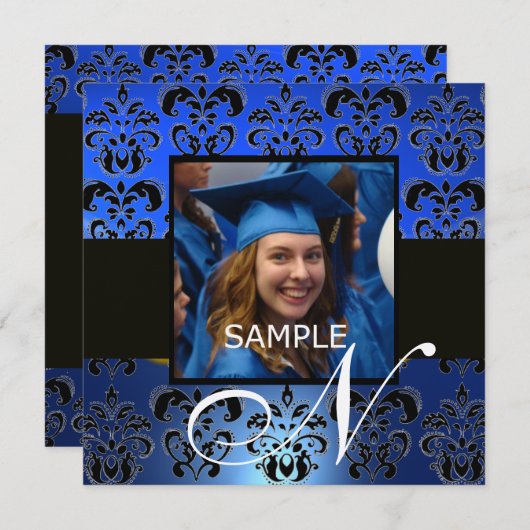 ABSCHLUSS DAMASK MONOGRAM, blauer schwarzer Champa Einladung (Vorne/Hinten)