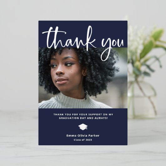 Abschluss Danke Karte | Blau mit Silberfolie (Stehend vorne)