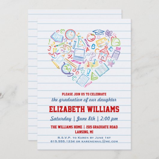 Abschluss der farbenfrohen Schule Einladung (Vorne/Hinten)