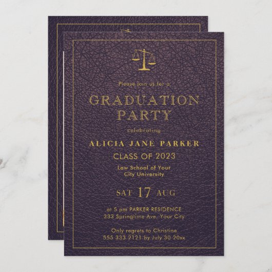 Abschluss der Juristischen Fakultät Foto lila Gold Einladung (Vorne/Hinten)