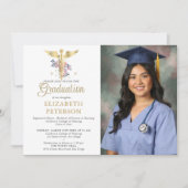 Abschluss der Krankenpflege Caduceum Lila Rose Einladung (Vorderseite)