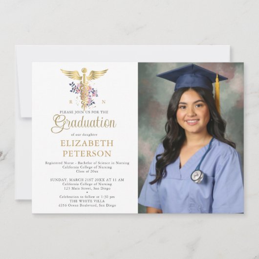 Abschluss der Krankenpflege Caduceum Lila Rose Einladung (Vorderseite)