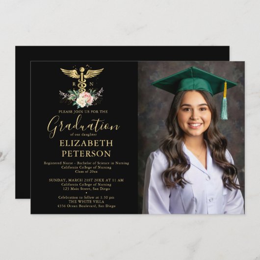 Abschluss der Krankenpflege Caduceum Rose Schwarz Einladung (Vorne/Hinten)