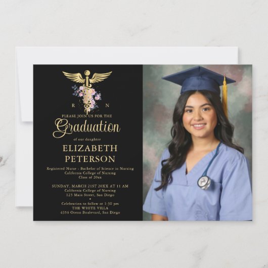 Abschluss der Krankenpflege Caduceum Rose Schwarz Einladung (Vorderseite)