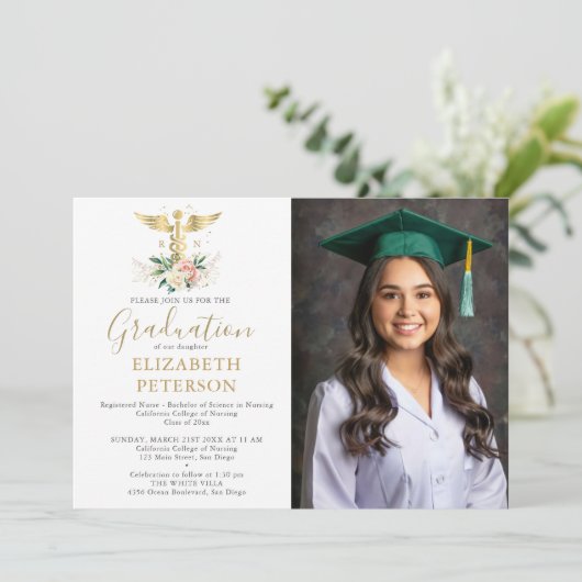 Abschluss der Krankenpflege Gold Caduceum Rose Einladung (Stehend Vorderseite)