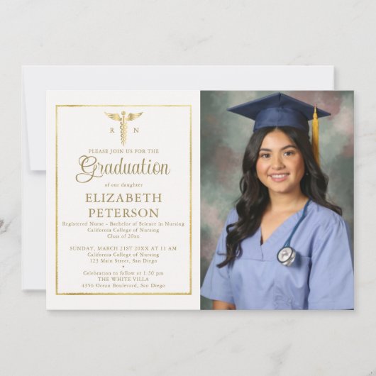 Abschluss der Krankenschwester Caduceum Gold Frame Einladung (Vorderseite)