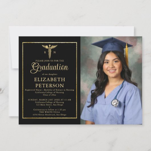 Abschluss der Krankenschwester Caduceum Gold-Rahme Einladung (Vorderseite)