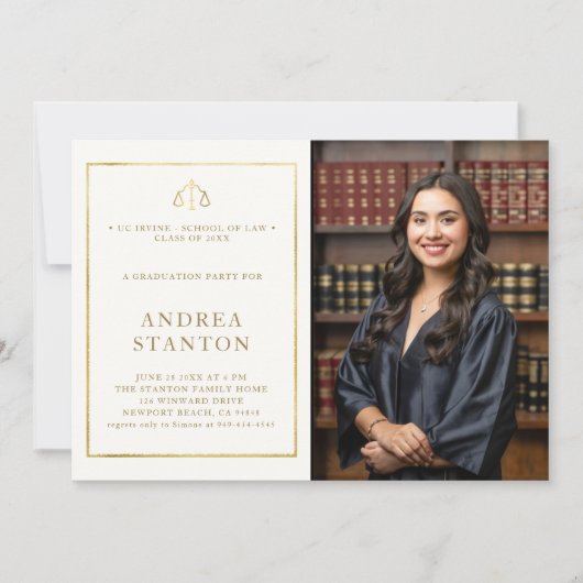 Abschluss der Law School Gold Frame Foto Modern Einladung (Vorderseite)