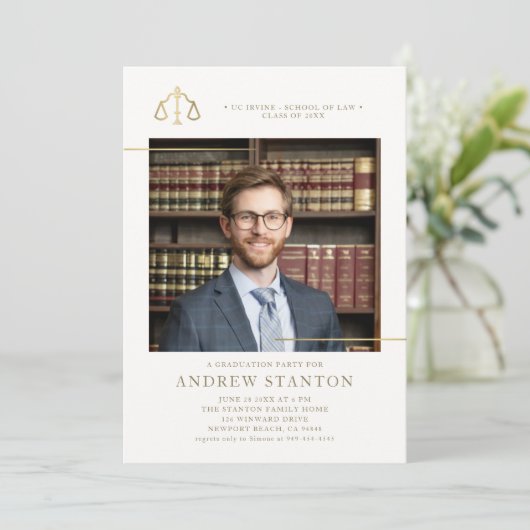 Abschluss der Law School Scales Justice Foto Moder Einladung (Stehend Vorderseite)