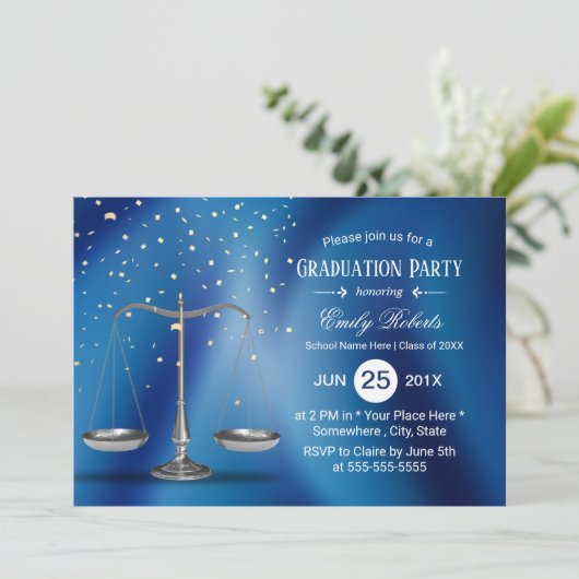 Abschluss der Law School Silver Scales Navy Blue Einladung (Stehend Vorderseite)