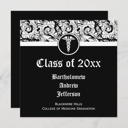 Abschluss der Medizin der Schwarzen und Weißen Cad Einladung (Vorne/Hinten)