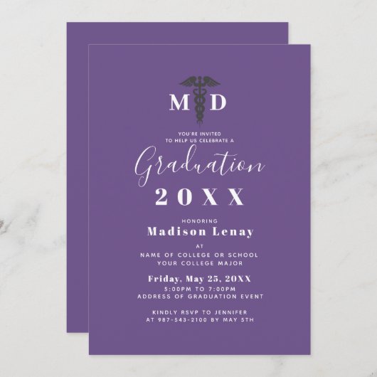 Abschluss der Medizinschule Caduceus Lila Skript Einladung (Vorne/Hinten)