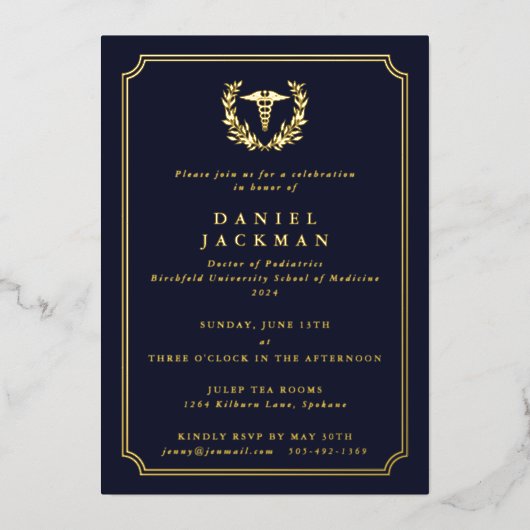 Abschluss der Navy Caduceus+Laurel Medizin Folieneinladung (Vorderseite)