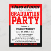 Abschluss der Red Black School Colors Einladungspostkarte (Vorderseite)