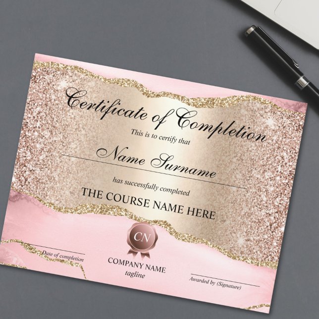 Abschluss des Abschlusszertifikats (rose gold and gold blush pink agate certificate of completion)