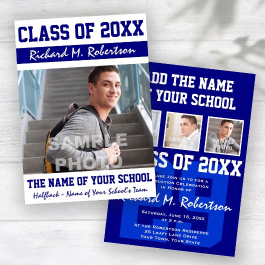 Abschluss des Blue White Sporty Typ Varsity Number Einladung