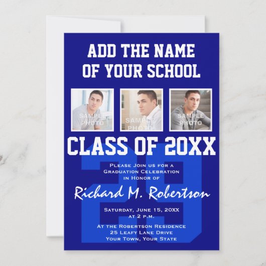 Abschluss des Blue White Sporty Typ Varsity Number Einladung (Vorderseite)