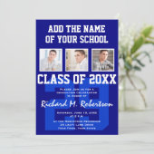 Abschluss des Blue White Sporty Typ Varsity Number Einladung (Stehend Vorderseite)