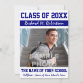 Abschluss des Blue White Sporty Typ Varsity Number Einladung (Rückseite)