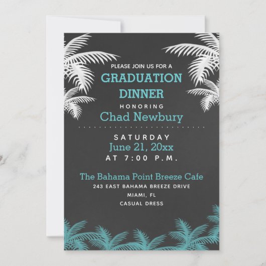 Abschluss Dinner Palm Tree Chalkboard Tropisch Einladung (Vorderseite)