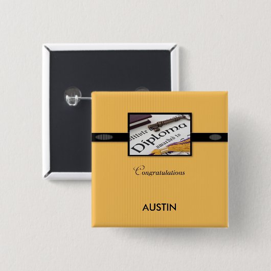 Abschluss Diploma, Schwarz, Gold, Square Gift Button (Vorne & Hinten)