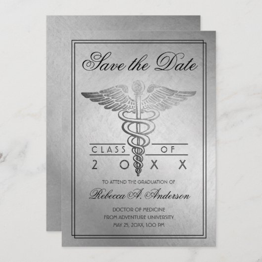 Abschluss Doctor Caduceus Silver Elegant Save The Date (Vorne/Hinten)