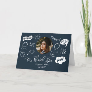 Abschluss Doodle mit Graduate Foto Navy Blue Dankeskarte