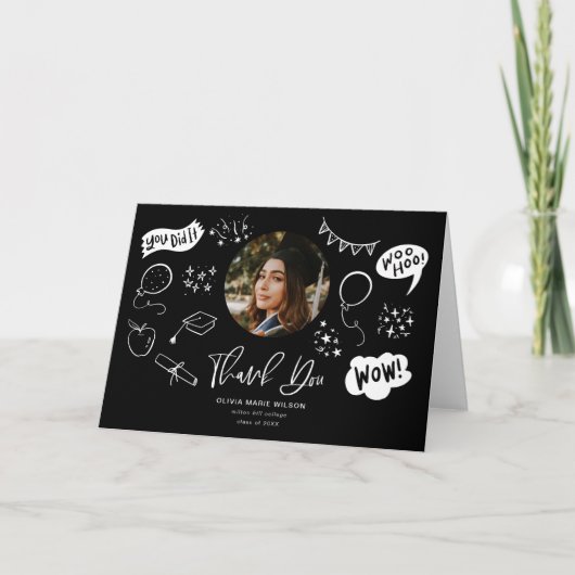 Abschluss Doodle mit schwarzem Foto Dankeskarte (Vorderseite)