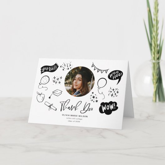 Abschluss Doodle mit weißem Foto Dankeskarte (Vorderseite)