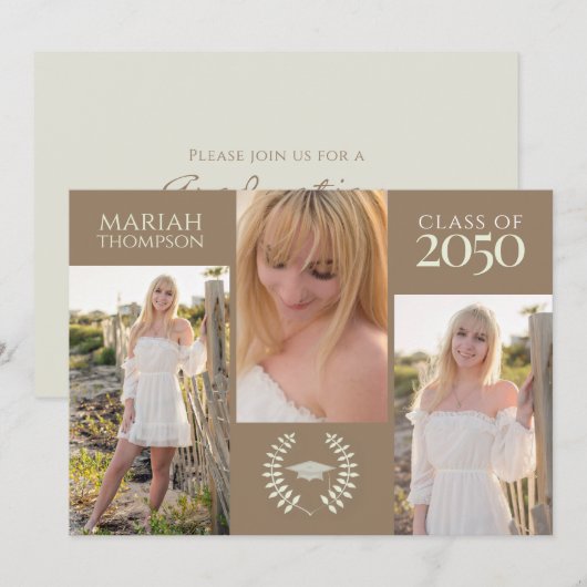 Abschluss Drei Foto Einfach neutrales Kreativ Einladung (Vorne/Hinten)