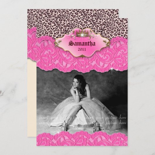 Abschluss Einladung Ankündigung Leopard Kronen ros (Vorne/Hinten)