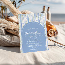 Abschluss-Einladung mit blauem Streifen und floral Einladung