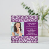 Abschluss Einladung mit Foto Lila Damask (Stehend Vorderseite)