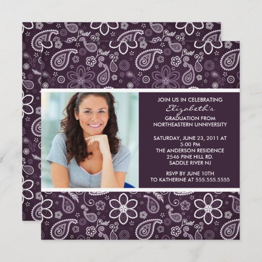 Abschluss Einladung mit Foto Lila Paisley (Vorne/Hinten)