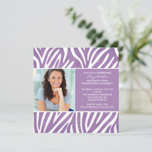 Abschluss Einladung mit Foto Lila Zebra (Stehend Vorderseite)