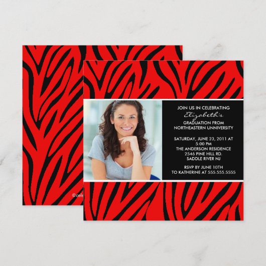 Abschluss Einladung mit Foto Red Zebra Print (Vorne/Hinten)
