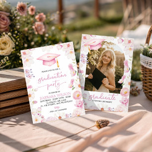 Abschluss-Einladung mit rosa Blumen und Abschlussk Einladung