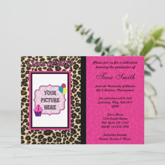 Abschluss-Einladung - rosa Leopard/Cheetah Einladung (Stehend Vorderseite)
