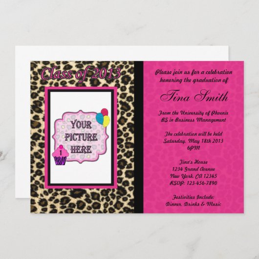 Abschluss-Einladung - rosa Leopard/Cheetah Einladung (Vorne/Hinten)