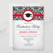 Abschluss Einladung - Roter Schwarz-weißer Damast (Vorderseite)