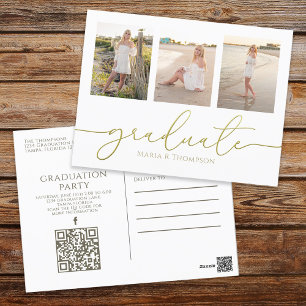 Abschluss Eleganter Minimalistischer Drei-Foto-QR- Postkarte
