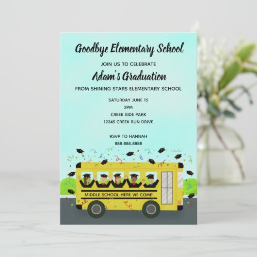 Abschluss Elementary School Bus Party Einladung (Stehend Vorderseite)