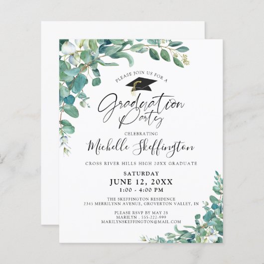 Abschluss Eucalyptus Script Einladung (Vorne/Hinten)