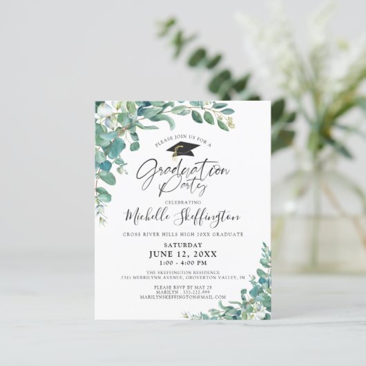 Abschluss Eucalyptus Script Einladung (Stehend Vorderseite)