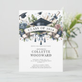 Abschluss Floral Banner Grad Party Einladung (Stehend Vorderseite)