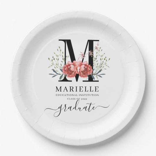 Abschluss Floral Monogram Logo Party Paper Pappteller (Vorderseite)