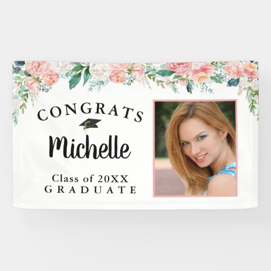 Abschluss Floral Pink Rose Gold Script Foto Banner (Horizontal)